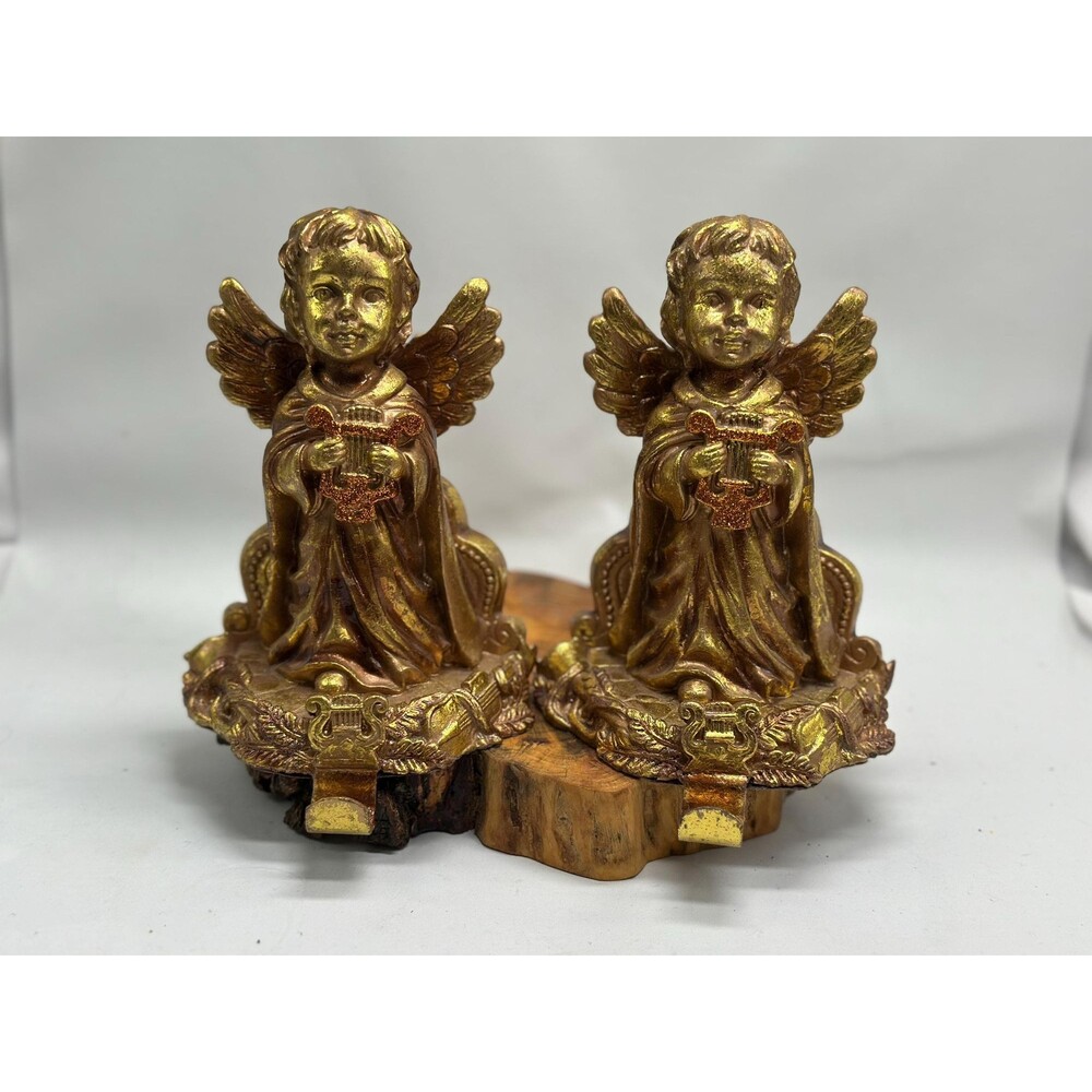 Gold Gilt Cherub Stocking Holders Pair Cherub Angels With Glitter Harp